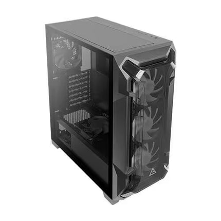 A black gaming computer case with a side glass panel, featuring three front-facing fans and a triangular logo on the lower front, shown on a plain white background.