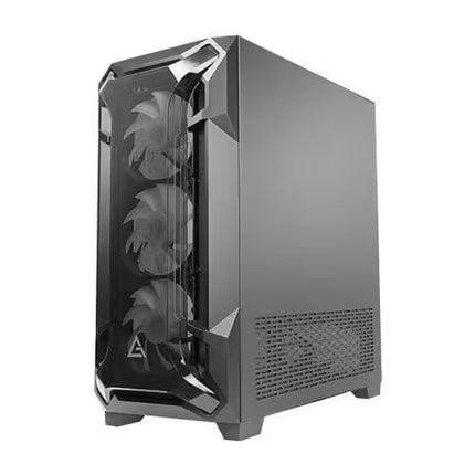 A dark gray gaming computer tower with a large black tempered glass front panel showing three cooling fans, set against a plain white background.