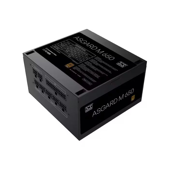 A black ASGARD M.650 power supply unit shown at an angle on a plain white background, displaying its top label, front panel, and side connector array.