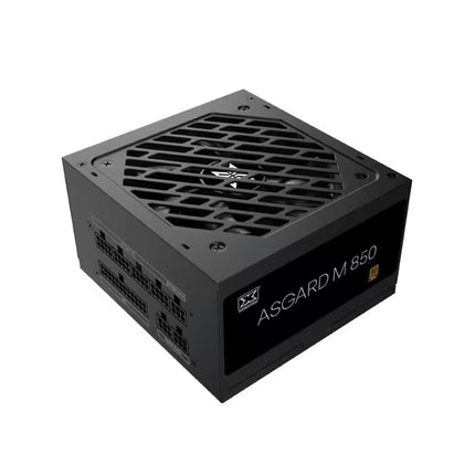An ASGARD M 850 power supply unit in matte black, shown at a three-quarter angle on a solid white background.