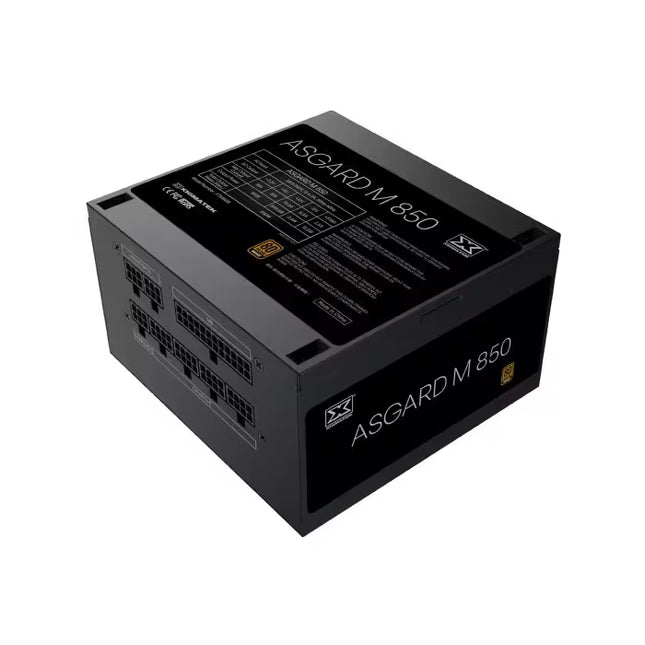 An ASGARD M-850 power supply unit shown at a three-quarter angle on a plain white background. The unit is black with white text and a small gold logo accent.