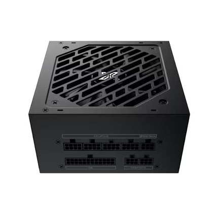 A black computer power supply unit with a large diagonal vented metal front panel and visible power connectors on the side, shown on a plain white background.