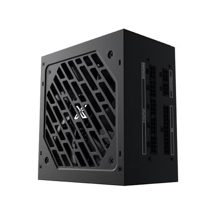 A black computer power supply unit shown at a three-quarter angle on a plain white background, featuring a large front fan grille with a white stylized logo in the center and multiple output connectors on the side.