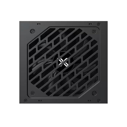 A black computer power supply unit (PSU) front view showing a large diagonal vented metal grille with a central white logo.