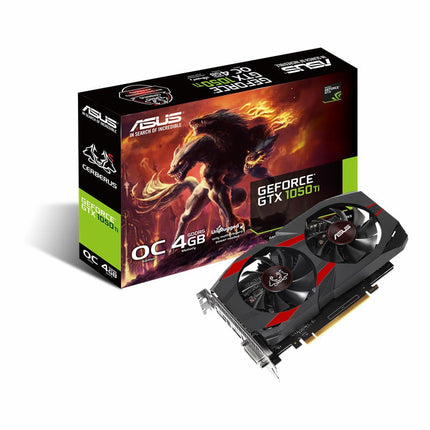 Asus GeForce GTX 1050 Ti graphics card and packaging on a white background