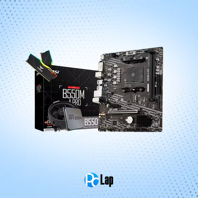 PC upgrade bundle featuring an MSI B550M PRO motherboard, AMD Ryzen processor with AMD stock cooler, T-Force RGB DDR4 memory module, and MSI B550M PRO retail box arranged on a light blue background with the PCLap logo at the bottom