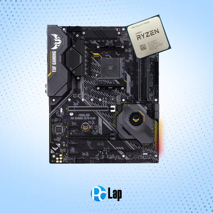 ASUS  TUF GAMING X570-PLUS motherboard with a Ryzen 9 5900X processor, displayed on a light blue dotted background with a 'PC Lap' watermark at the bottom.