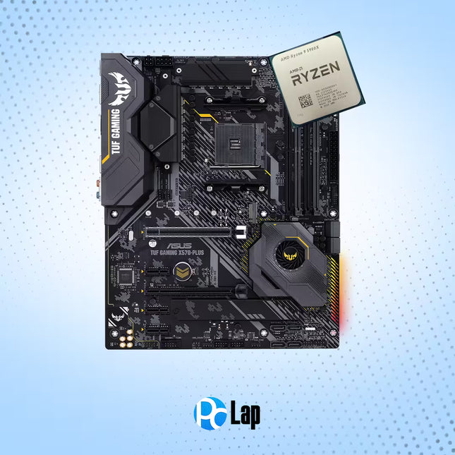 ASUS  TUF GAMING X570-PLUS motherboard with a Ryzen 9 5900X processor, displayed on a light blue dotted background with a 'PC Lap' watermark at the bottom.