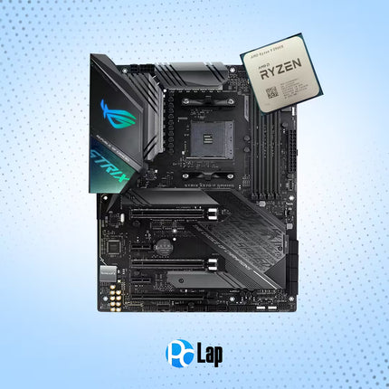 "An overhead shot of an ASUS ROG Strix X570-F Gaming ATX motherboard against a light blue gradient background with dot patterns. An AMD Ryzen 9 5900X desktop processor is placed near the top-right corner of the board, resting partially over the DDR4 RAM slots. The PcLap store logo is displayed at the bottom center of the image."