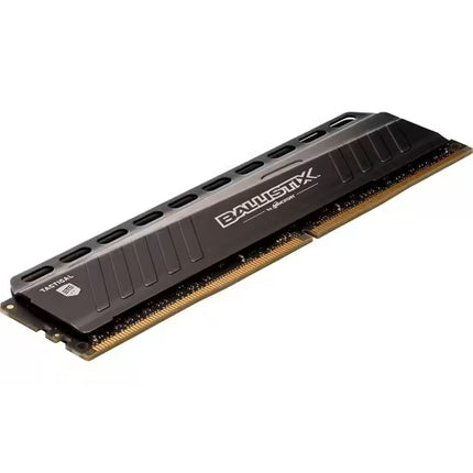 Ballistix Tactical 16GB DDR4 desktop memory module with a black aluminum heat spreader, low-profile design, and gold-plated connector pins displayed at an angled view on a white background.