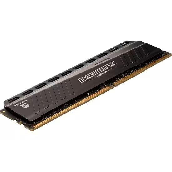 Ballistix Tactical 16GB DDR4 desktop memory module with a black aluminum heat spreader, low-profile design, and gold-plated connector pins displayed at an angled view on a white background.