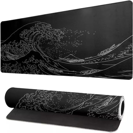 Black mouse pad with white wave design and rolled-up version on a white background