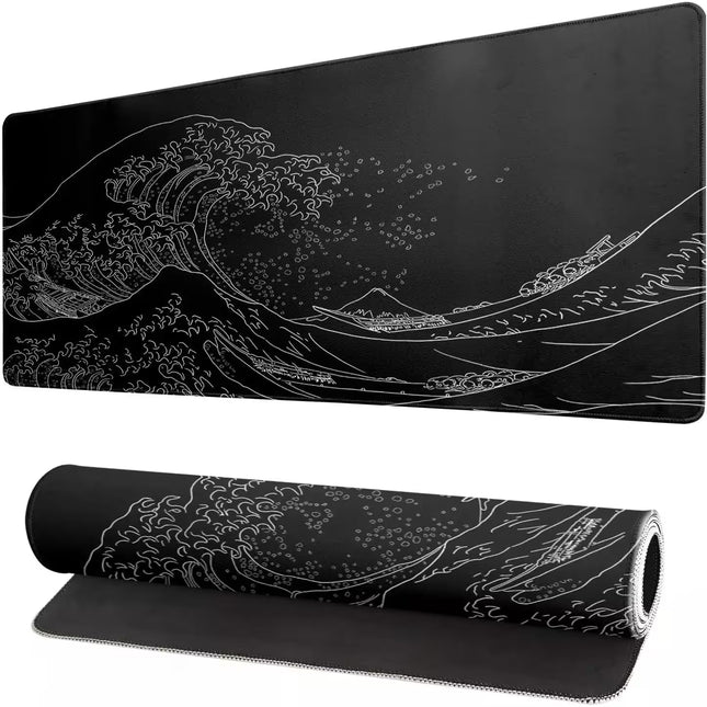 Black mouse pad with white wave design and rolled-up version on a white background