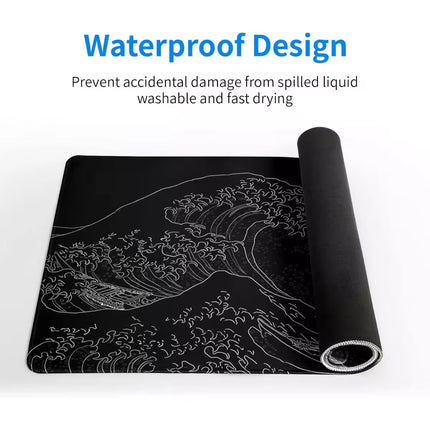 Roll of black mat with wave design on a white background, featuring text about waterproof design.