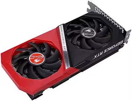 A Gigabyte GeForce RTX graphics card featuring a red and black dual-fan design with a silver accent strip.