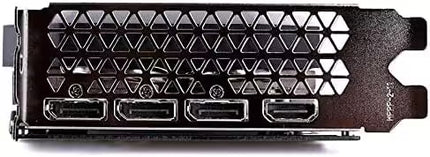 A close-up of a black metal electronic component, likely a GPU power supply bracket or adapter, featuring a textured honeycomb pattern and four HDMI ports.
