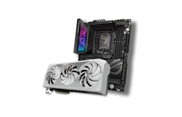 Computer motherboard with a graphics card on a white background