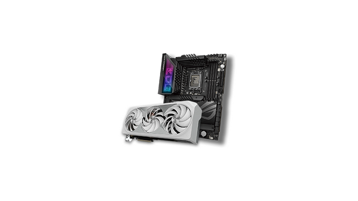 Computer motherboard with cooling components on a white background