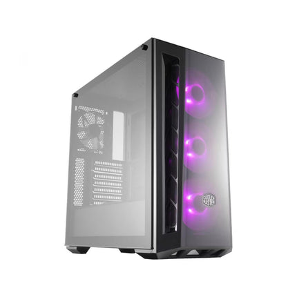 A black computer tower case with a transparent side panel, showcasing purple LED fan lights and a visible Cooler Master logo on the front.