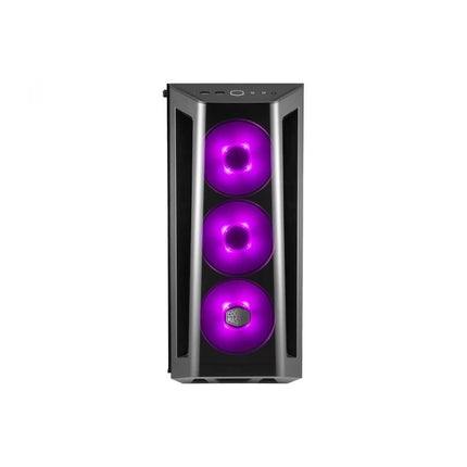 A black and dark gray computer tower case with three illuminated purple RGB fans, shown against a plain white background.