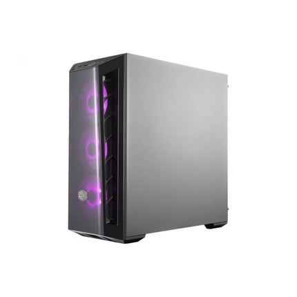 A silver and black computer tower case with purple LED lighting visible through the front glass panel, shown on a plain white background.