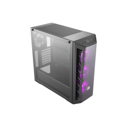 A black computer case with a transparent side panel and a front panel illuminated by purple RGB fans, shown on a plain white background.