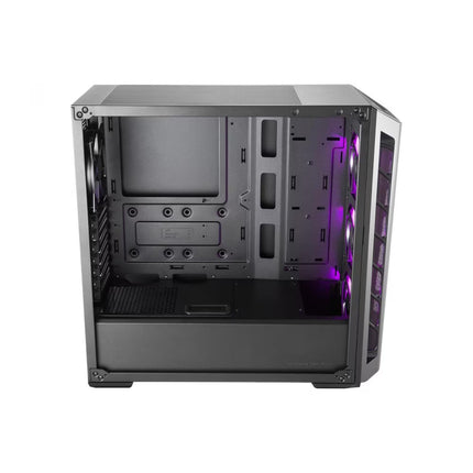 A black computer case with a clear side glass panel, shown empty from the front-three-quarter angle. The interior features a purple LED light strip illuminating the back panel, set against a plain white background.