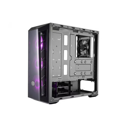 A black empty computer case with a side glass panel showing purple LED ring lights, photographed on a plain white background.