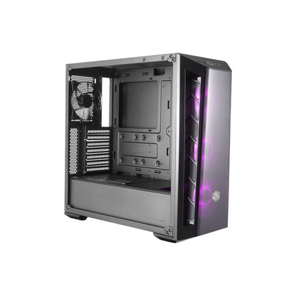 A silver and black computer case with a transparent side panel, shown from a three-quarter angle. The case is empty, with a black fan installed on the rear panel, and features purple LED lighting accents on the front side panel.