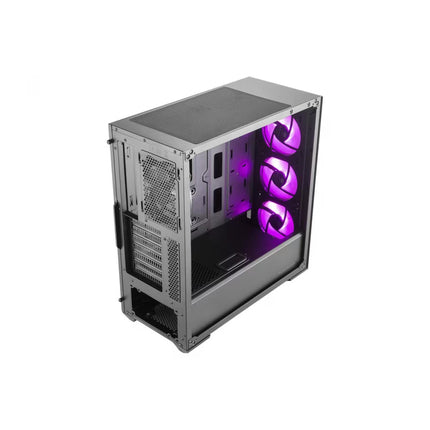 A silver and black computer case with a clear side panel, showcasing three glowing purple fans inside, set against a plain white background.