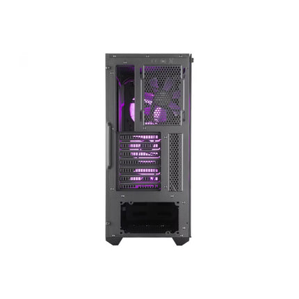 A dark gray gaming PC tower with a side glass panel, illuminated by purple internal RGB lighting, shown against a plain white background.