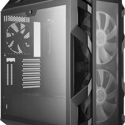 A black mid-tower gaming computer case with a side glass panel, dual front fans, and a front I/O panel, shown on a plain white background.