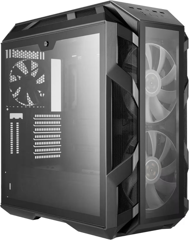A black mid-tower gaming computer case with a side glass panel, dual front fans, and a front I/O panel, shown on a plain white background.