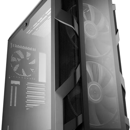 A black gaming computer case with a transparent side panel, featuring two large front-facing fans and a second fan visible through the side glass, shown on a plain white background.