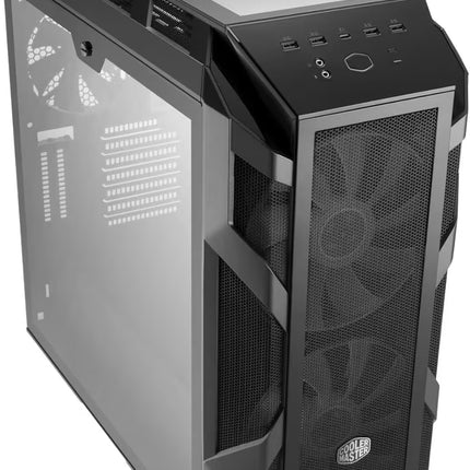 A black and gray gaming computer tower case with a transparent side panel, front mesh grille, top control panel, and visible CPU cooler logo, shown on a plain white background.