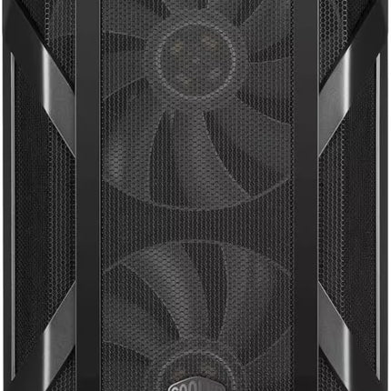 A black computer tower case with a textured front panel, two large cooling fans, and angular side panels, shown on a plain white background.