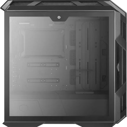 A black computer case with a large transparent side glass panel, showing the empty interior mounting slots and chassis structure.