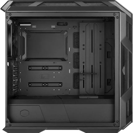 A black computer case shown from the front-three-quarter angle, revealing the empty interior with mounting slots, drive bays, and a front I/O panel.