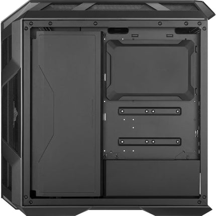Black computer case interior view showing the empty front panel area, drive bays, and lower storage compartment.