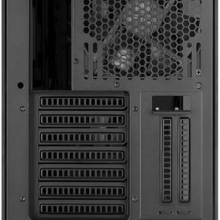 Rear view of a black computer tower case showing the back panel with a honeycomb fan, drive bay, and port slots.