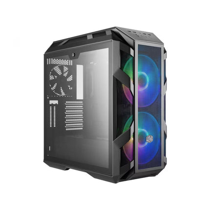 A black gaming computer case with a side glass panel, two front fans illuminated with RGB rainbow lighting, and a vertical front I/O panel, shown on a plain white background.