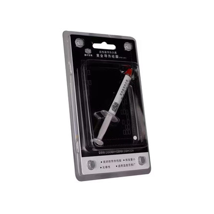 Packaged thermal paste with a syringe on a white background