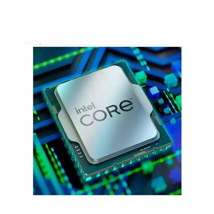 Intel Core processor on a circuit board with a blue and green background