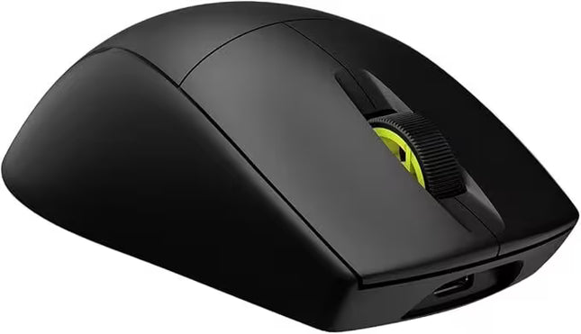 Black computer mouse with USB receiver on a white background