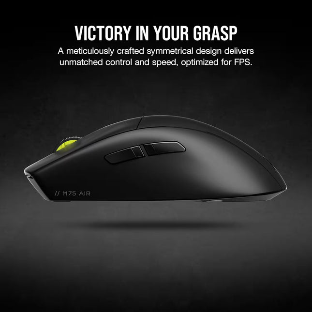 Black gaming mouse with text on a dark background