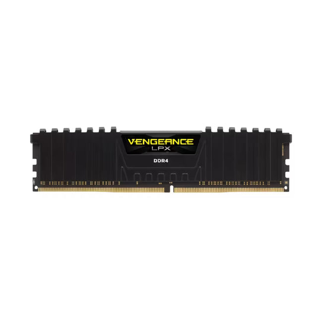 A single Corsair Vengeance LPX DDR4 RAM module with a black heat-shrink heatpipe and gold-plated gold contacts, shown against a plain white background.