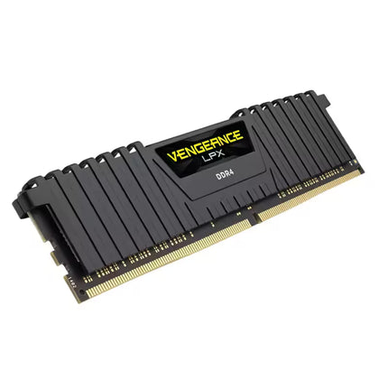 A single Corsair Vengeance LPX DDR4 RAM module with a black heatpipe heat shield and gold-plated contacts, shown on a plain white background.
