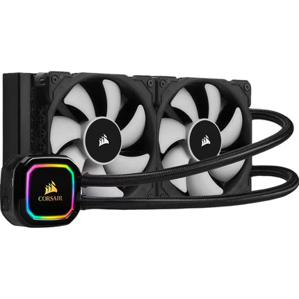 Corsair liquid CPU cooler with two large fans, black tubing, and a control module featuring RGB lighting and a Corsair logo.
