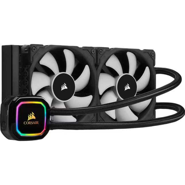 Corsair liquid CPU cooler with two large fans, black tubing, and a control module featuring RGB lighting and a Corsair logo.