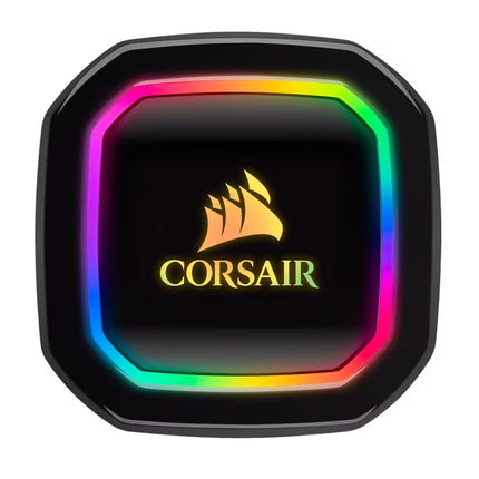 Corsair RAM memory module bezel with a black faceplate and vibrant RGB LED lighting in a rainbow spectrum, featuring the gold Corsair logo in the center.